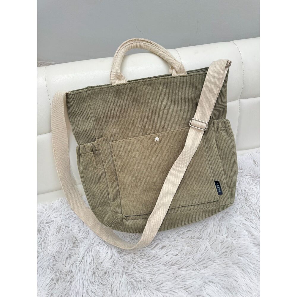 Prite Olive Green Corduroy Tote Bag Crossbody Shoulder Bag with Pockets